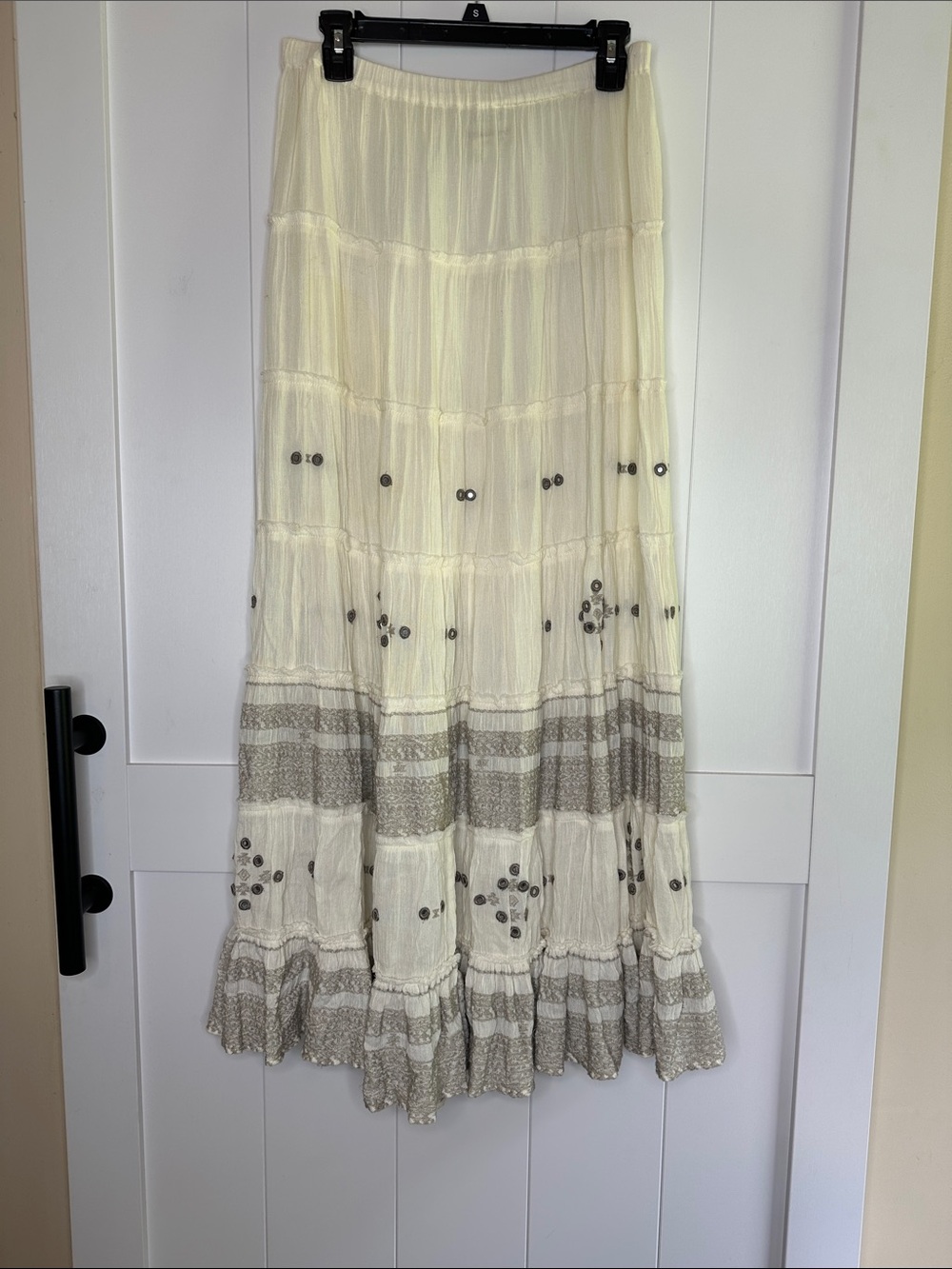 Denim & Supply Ralph Lauren Ivory Tiered Maxi Skirt with Metallic Embellishments